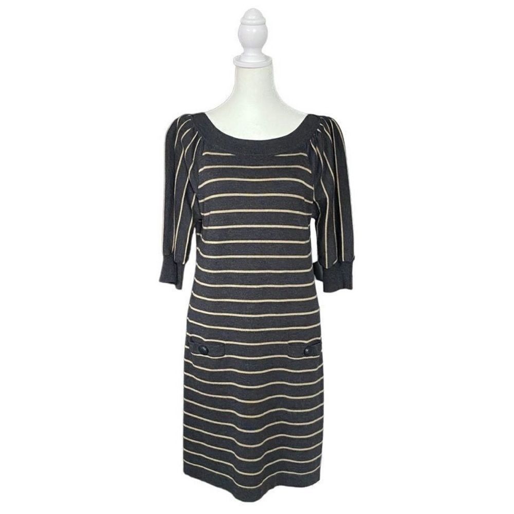 Jessica Howard Gray & Tan Stripe Balloon Sleeve Sweater Dress w/ Pockets Medium